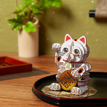 Wooden Art wa-gu-mi Lucky Cat (Beckoning Cat) Color Version